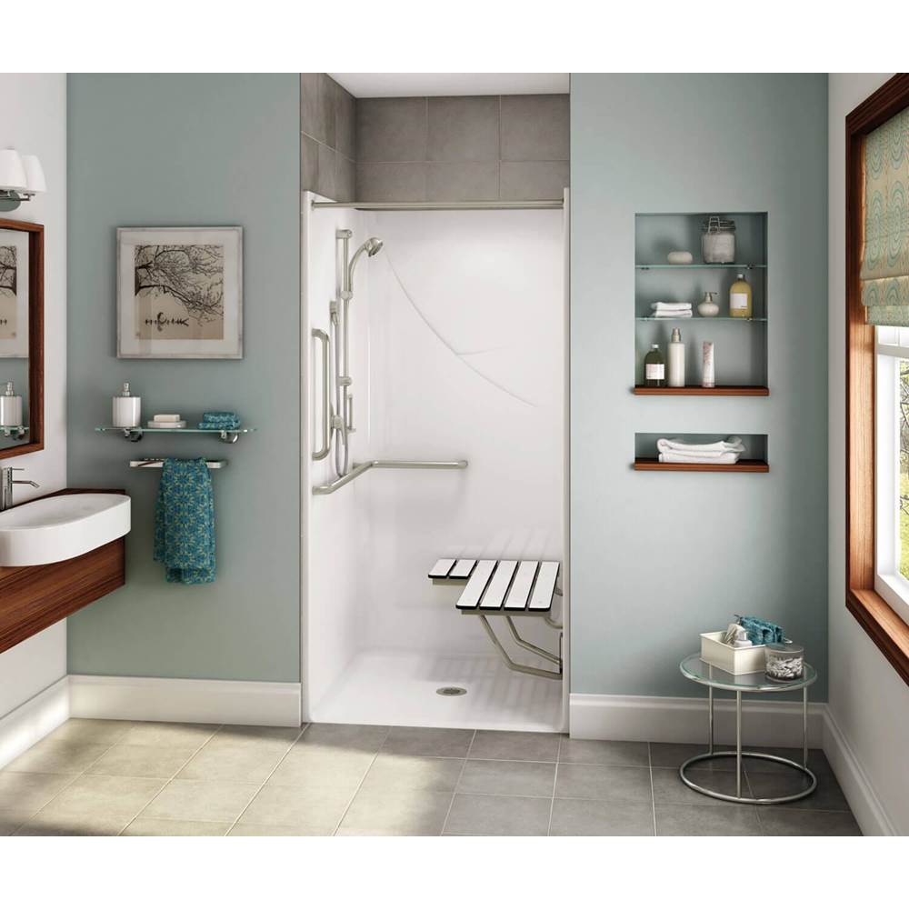 Aker OPS-3636 AcrylX Alcove Center Drain One-Piece Shower in Thunder Grey - Complete Accessibility Package with Vertical Grab Bar