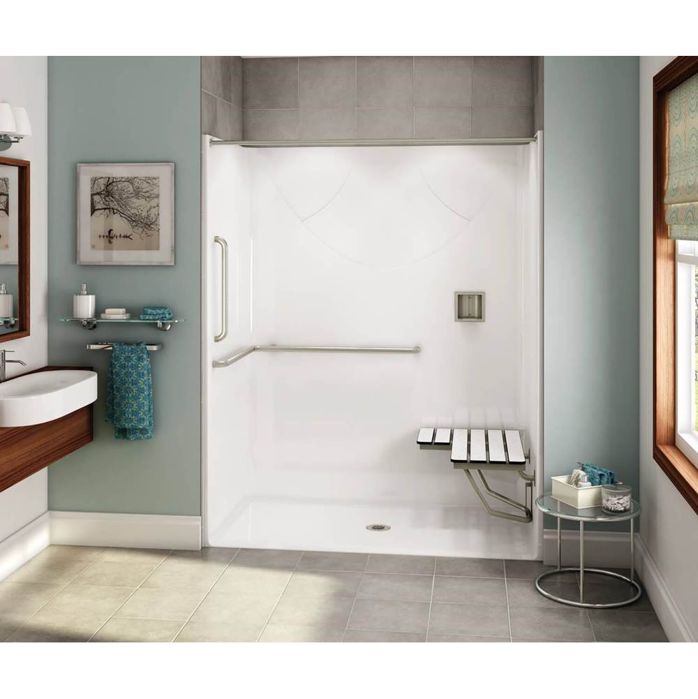Aker OPS-6030-RS AcrylX Alcove Center Drain One-Piece Shower in Bone - ANSI Grab Bar and seat