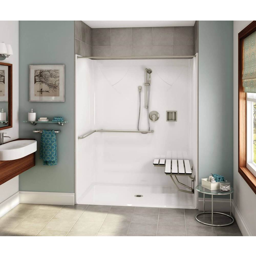 Aker OPS-6036 AcrylX Alcove Center Drain One-Piece Shower in Sterling Silver - ADA Compliant (with Seat)