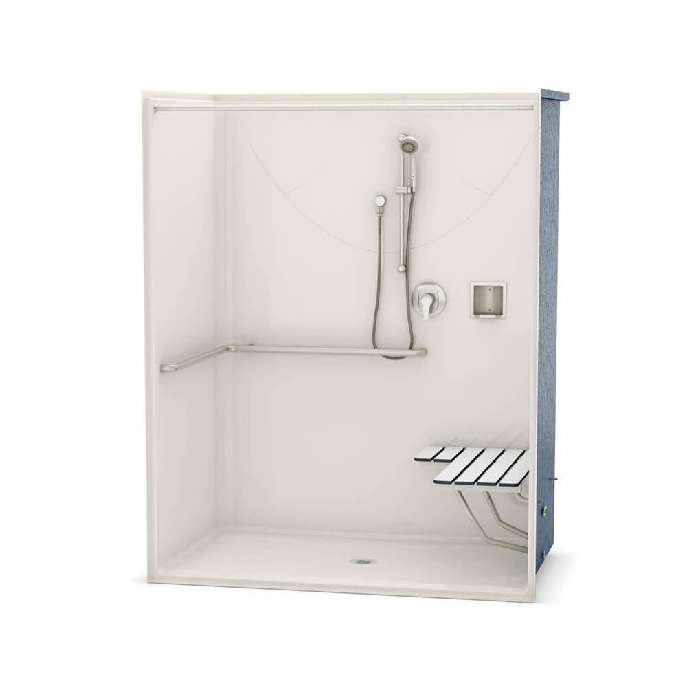 Aker OPS-6036 AcrylX Alcove Center Drain One-Piece Shower in Biscuit - ADA Compliant (with Seat)