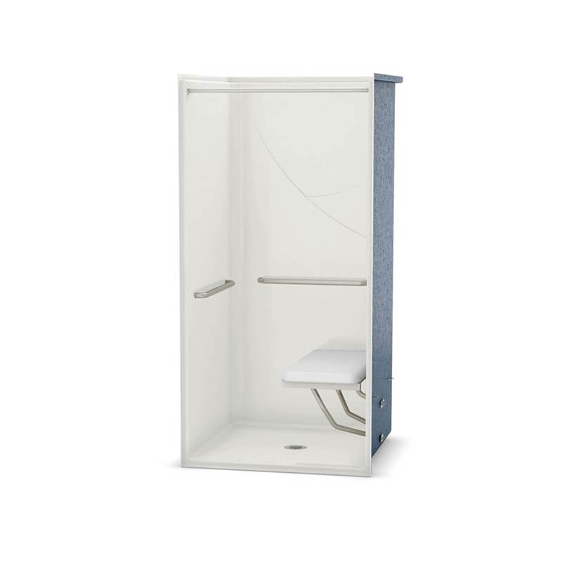 Aker OPS-3636 AcrylX Alcove Center Drain One-Piece Shower in Bone - with MASS grab bar and seat