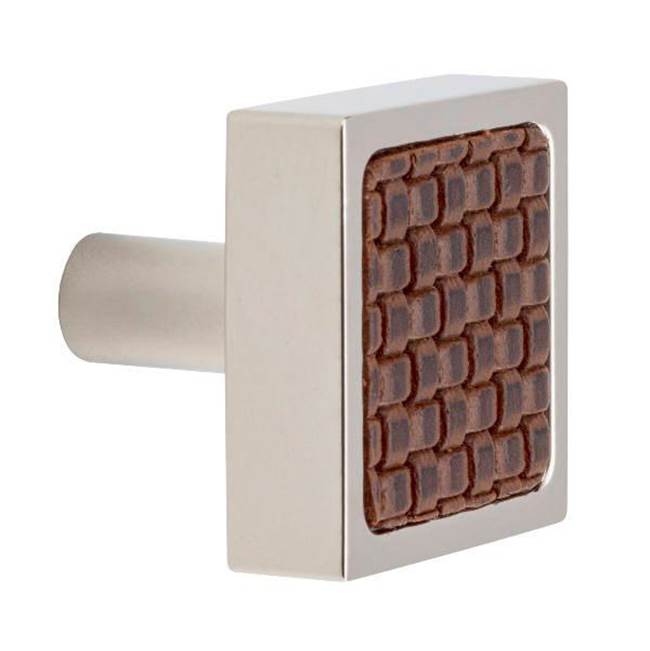 Colonial Bronze Leather Accented Square Cabinet Knob With Straight Post, Satin Chrome x Woven Cherry Royale Leather
