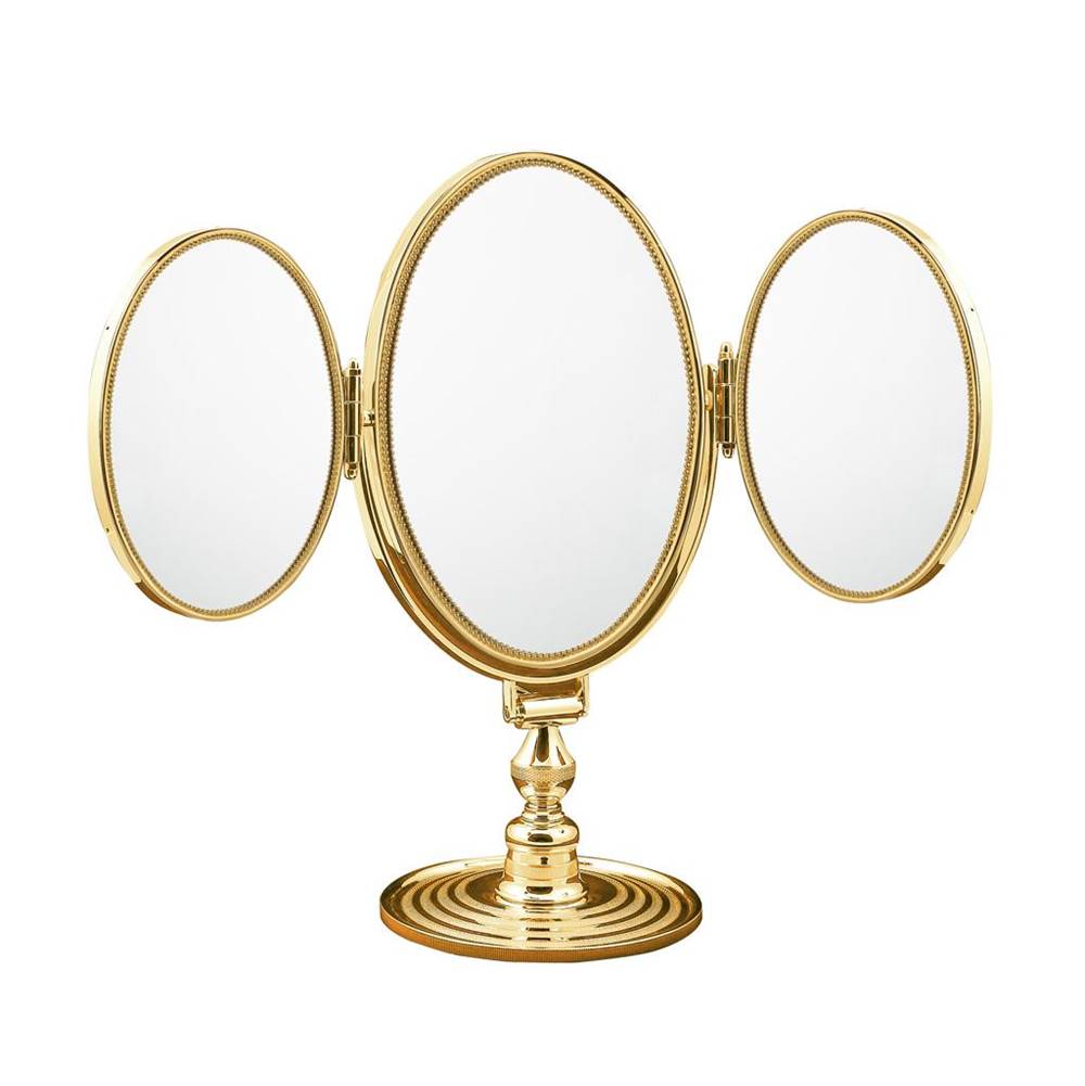 Cristal & Bronze Free-Standing Mirror, Swiveling Centre, One Magnifying Face, Pearl Frame And Chiseled Basis, H. 46 cm
