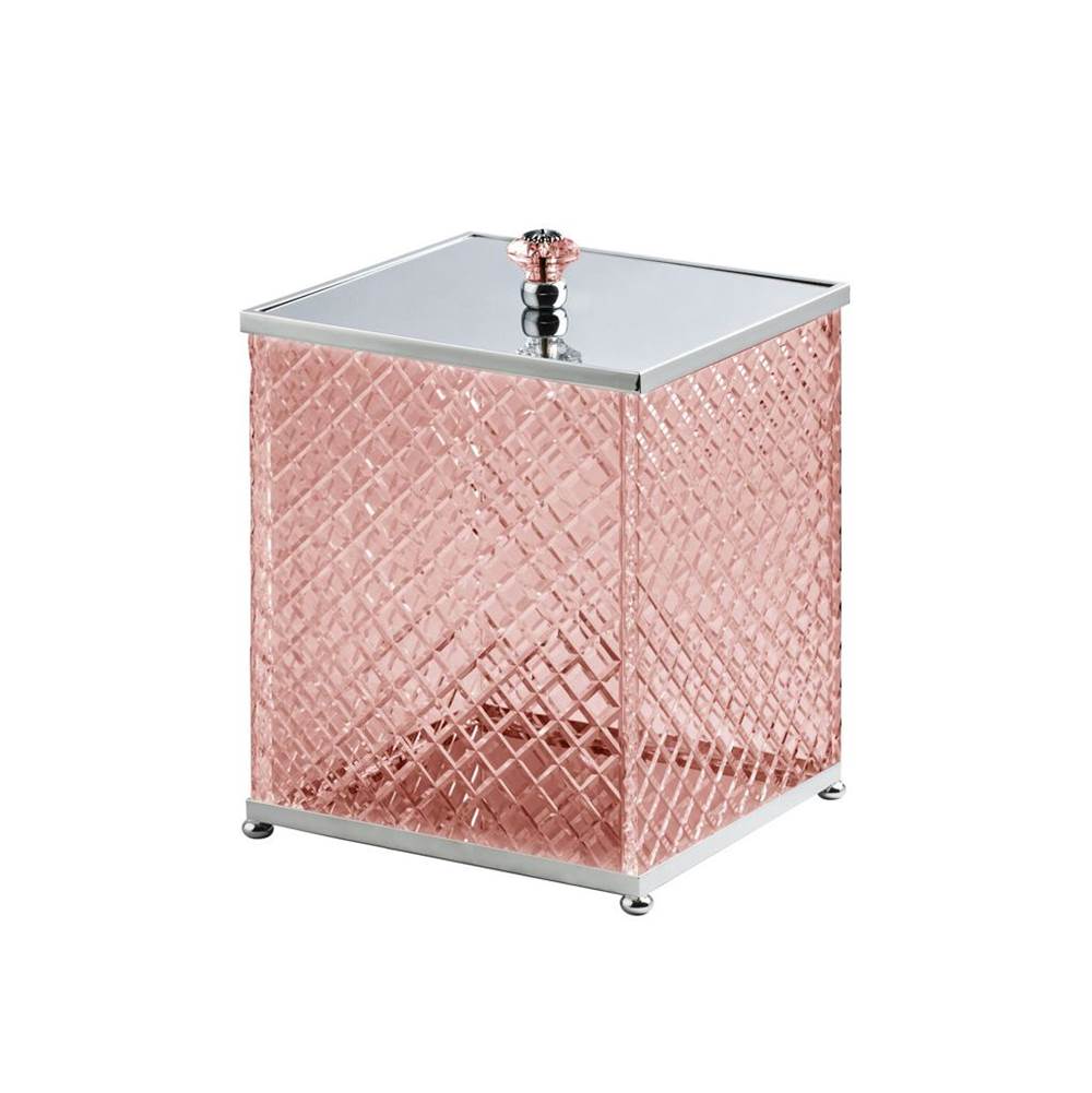 Cristal & Bronze Square Bin With Cover, On Ball Feet, 21X21X26cm, Pink Crystal, ''Diamant'' Cut