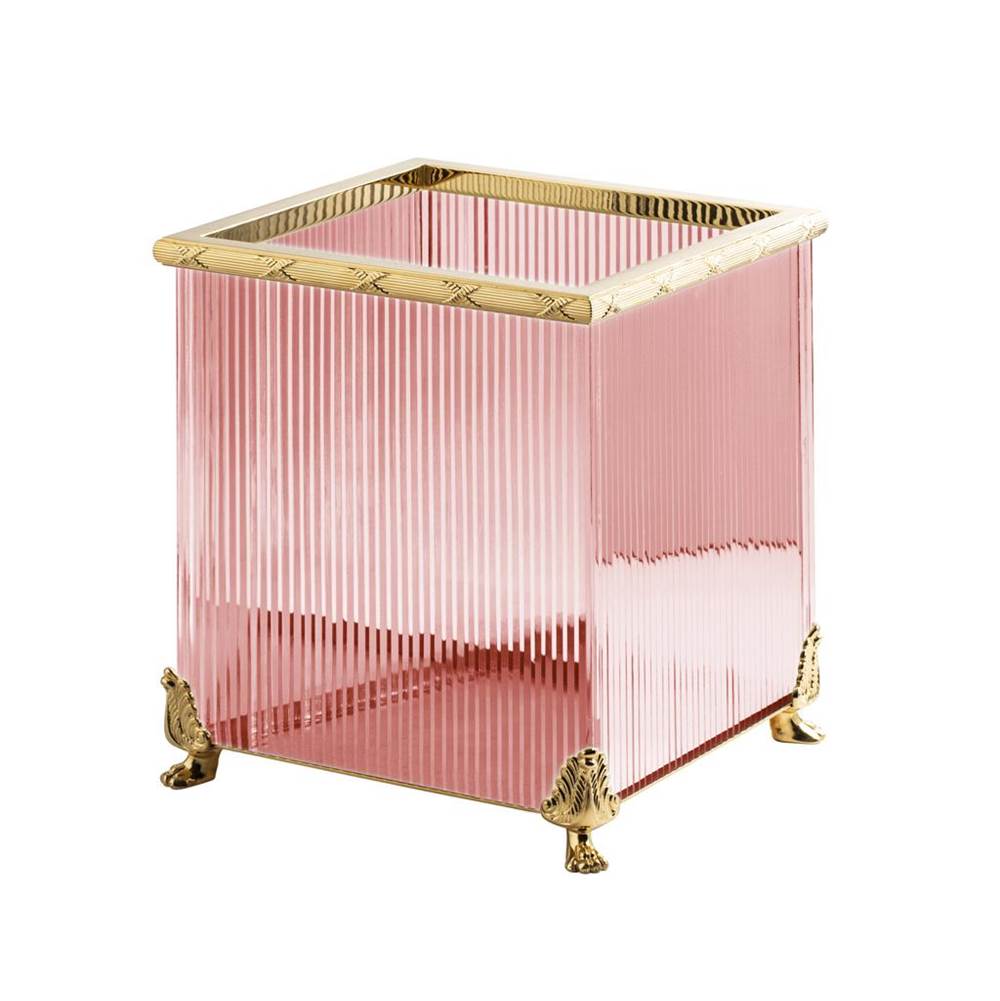Cristal & Bronze Square Bin Without Cover, On Lion Feet, 26X26X30cm, Pink Crystal, ''Cannele'' Cut
