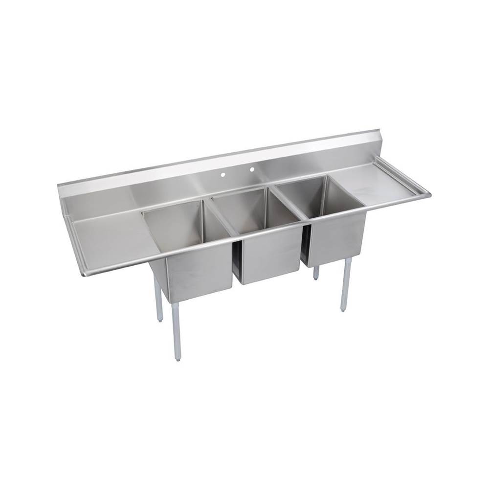 Elkay Dependabilt Stainless Steel 94'' x 29-13/16'' x 44-3/4'' 16 Gauge Three Compartment Sink w/ 18'' Left and Right Drainboards and Stainless Steel Legs