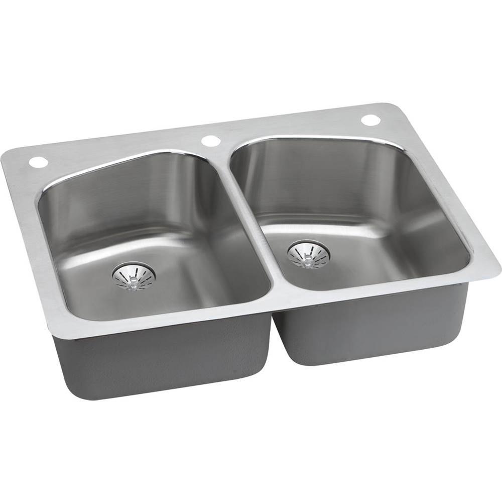 Elkay Lustertone Classic Stainless Steel 33'' x 22'' x 9'', 2L-Hole Equal Double Bowl Dual Mount Sink with Perfect Drain