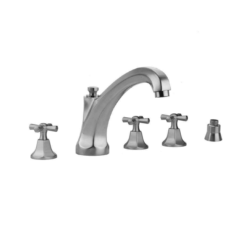 Jaclo Astor Roman Tub Set with High Spout and Hex Cross Handles and Straight Handshower Mount