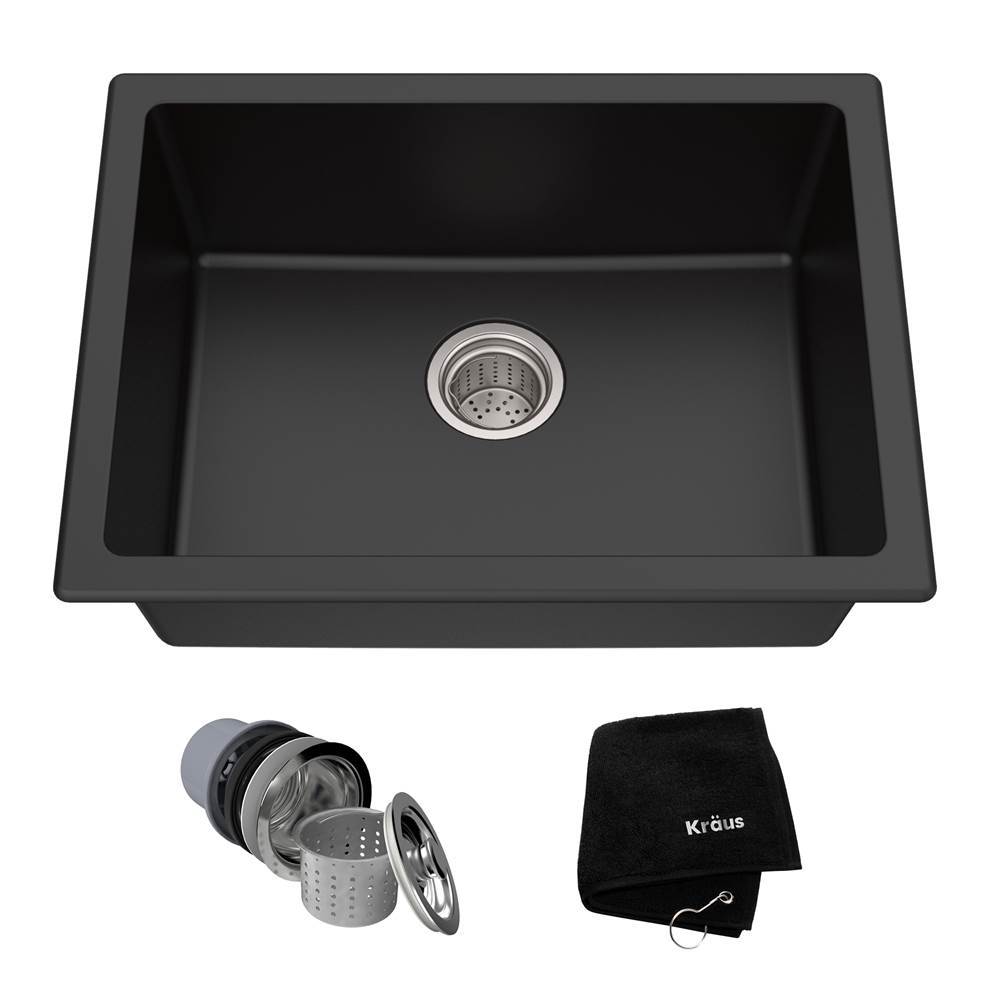 Kraus KRAUS 24 Inch Dual Mount Single Bowl Granite Kitchen Sink w/ Topmount and Undermount Installation in Black Onyx