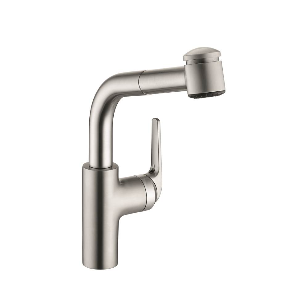 KWC Domo Single-Hole Kitchen Faucet With Pull-Out Spray - Side Lever - Brushed Stainless Steel