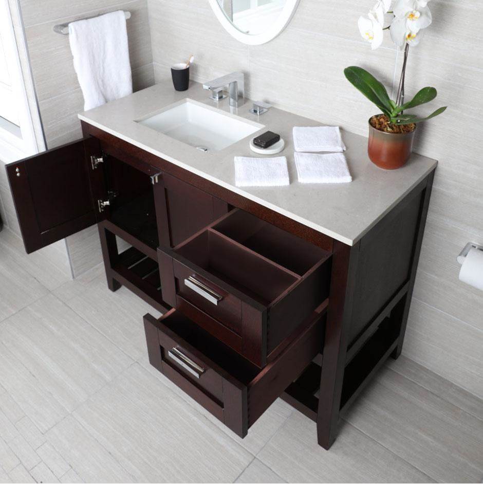 Lacava Free standing under-counter vanity with two doors(knobs included) on right, two drawers(knobs included) on left and slotted shelf in wood.