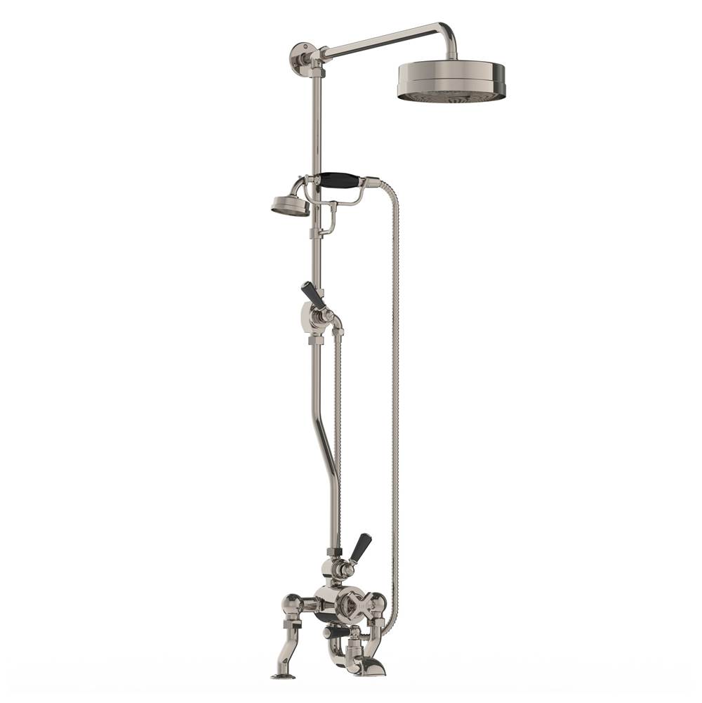 Lefroy Brooks Exposed Mackintosh Deck Mounted Thermostatic Bath & Shower Mixer With Riser Kit, Handset, Lever Diverter & 8'' Apron Rose, Silver Nickel
