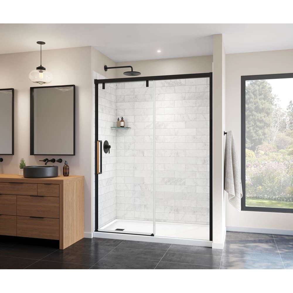 Maax Uptown 56-59 x 76 in. 8 mm Sliding Shower Door for Alcove Installation with Clear glass in Matte Black & Wood