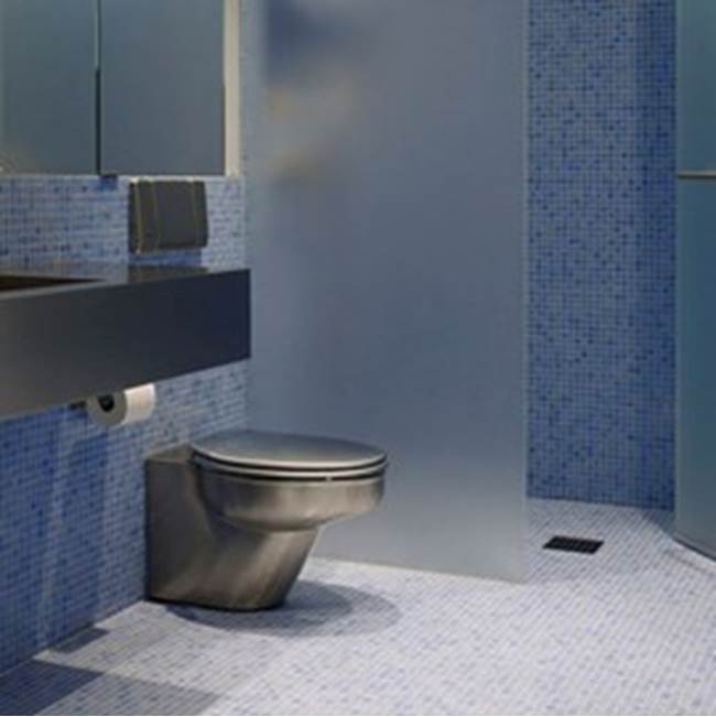 Neo-Metro by Acorn nted, wall supplied, wall waste, on the floor, elongated stainless steel toilet, works with a in-wall tank system like Geberit (not included)