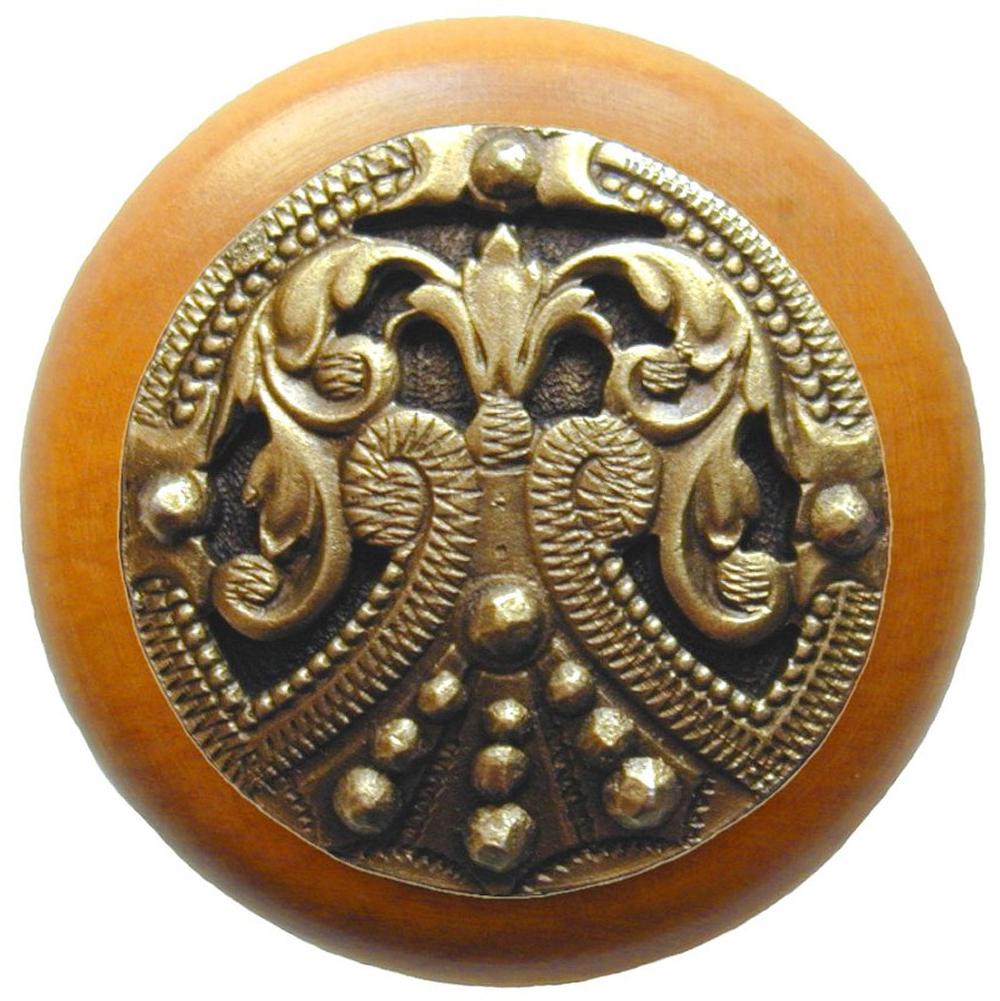 Notting Hill Regal Crest Wood Knob in Antique Brass /Maple wood finish