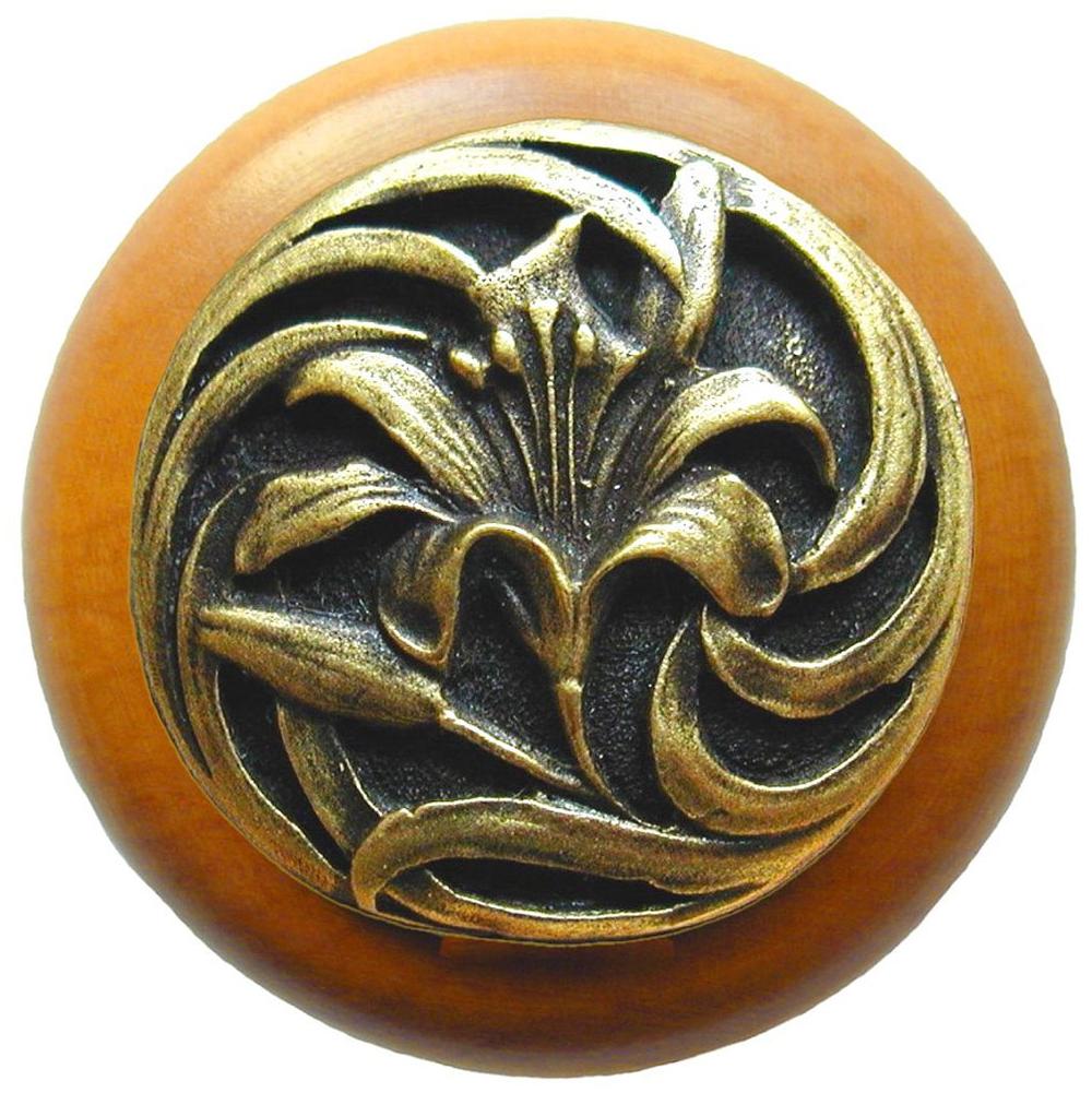 Notting Hill Tiger Lily Wood Knob in Antique Brass /Maple wood finish
