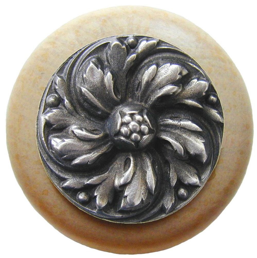 Notting Hill Chrysanthemum Wood Knob in Antique Pewter/Natural wood finish
