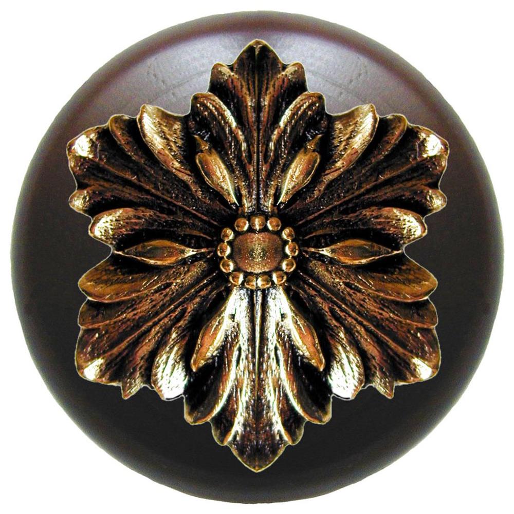 Notting Hill Opulent Flower Wood Knob in Brite Brass/Dark Walnut wood finish