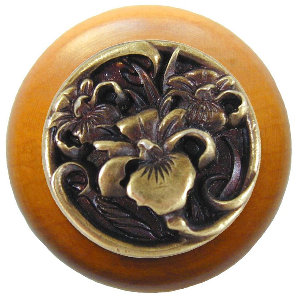 Notting Hill River Iris Wood Knob in Antique Brass/Maple wood finish