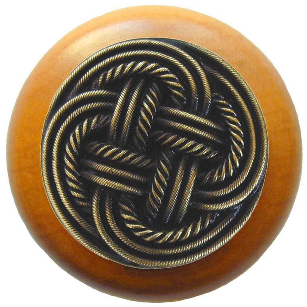 Notting Hill Classic Weave Wood Knob in Antique Brass/Maple wood finish