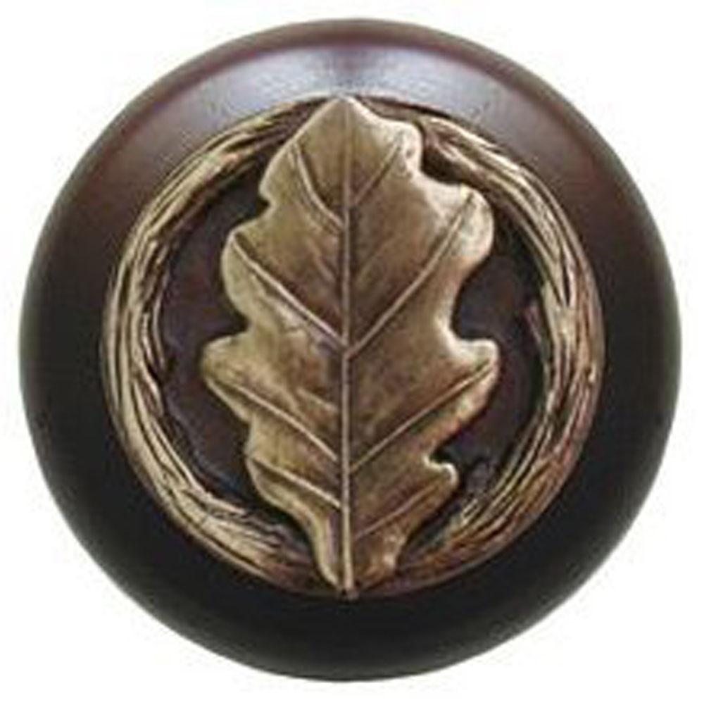Notting Hill Oak Leaf Wood Knob in Antique Brass/Dark Walnut wood finish