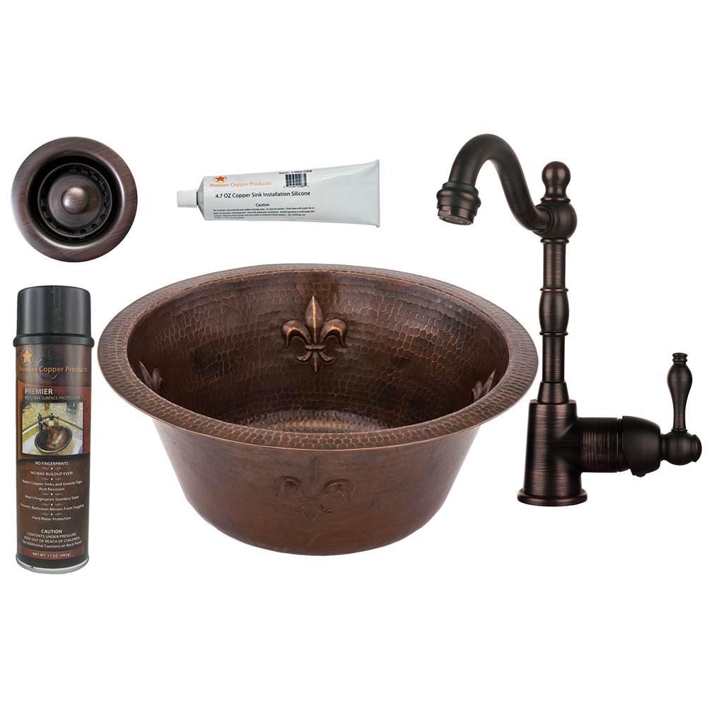 Premier Copper Products 16'' Round Copper Bar/Prep Sink W/ Fleur De Lis, ORB Single Handle Bar Faucet, 2'' Strainer Drain and Accessories