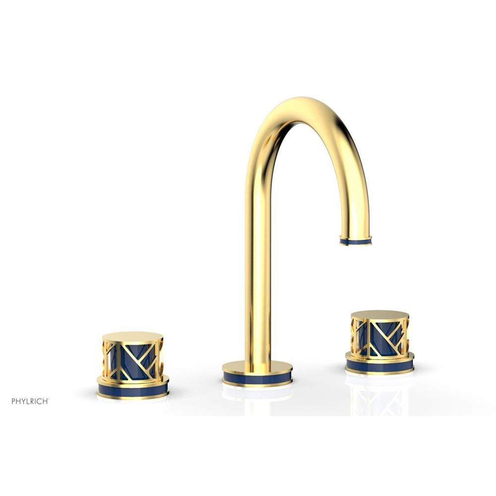 Phylrich Satin Chrome Jolie Widespread Lavatory Faucet With Gooseneck Spout, Round Cutaway Handles, And Navy Blue Accents - 1.2GPM