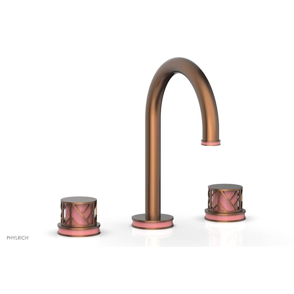 Phylrich Polished Copper (Living Finish) Jolie Widespread Lavatory Faucet With Gooseneck Spout, Round Cutaway Handles, And Pink Accents - 1.2GPM