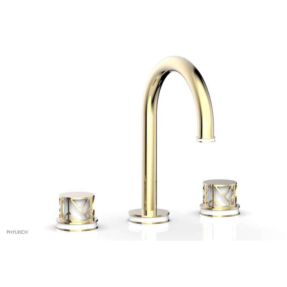 Phylrich Old English Brass Jolie Widespread Lavatory Faucet With Gooseneck Spout, Round Cutaway Handles, And Gloss White Accents - 1.2GPM