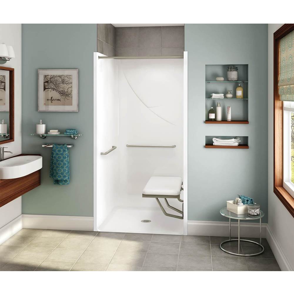 Aker OPS-3636-RS RRF AcrylX Alcove Center Drain One-Piece Shower in Bone - MASS Grab Bar and Seat