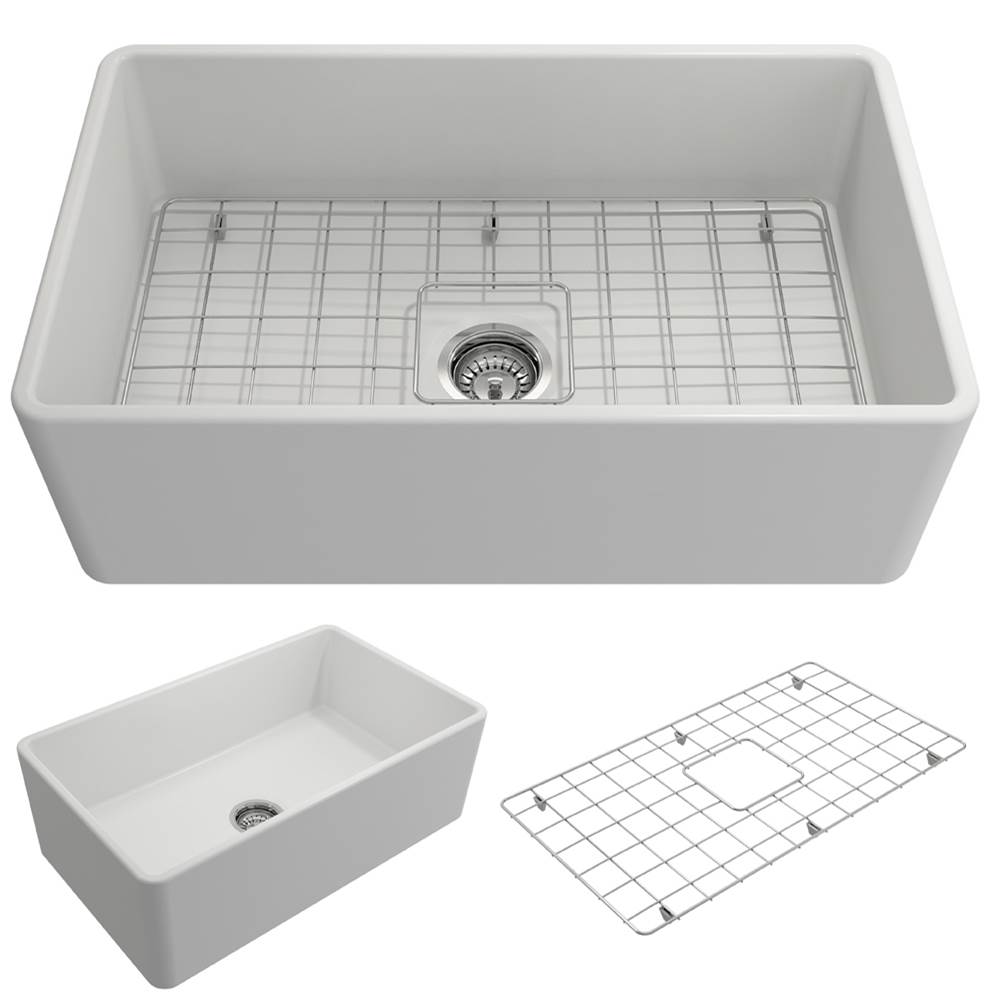 BOCCHI Classico Farmhouse Apron Front Fireclay 30 in. Single Bowl Kitchen Sink with Protective Bottom Grid and Strainer in Matte White