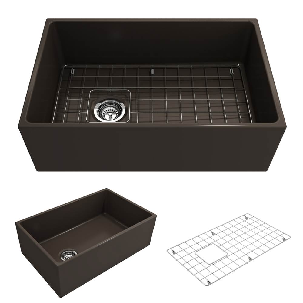 BOCCHI Contempo Apron Front Fireclay 30 in. Single Bowl Kitchen Sink with Protective Bottom Grid and Strainer in Matte Brown