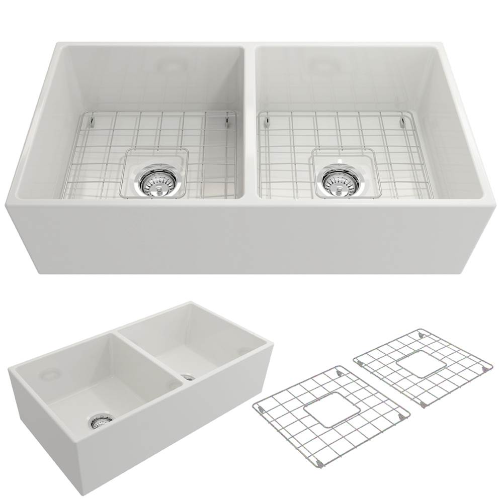 BOCCHI Contempo Apron Front Fireclay 36 in. Double Bowl Kitchen Sink with Protective Bottom Grids and Strainers in White