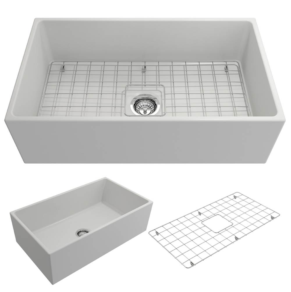 BOCCHI Contempo Apron Front Fireclay 33 in. Single Bowl Kitchen Sink with Protective Bottom Grid and Strainer in White