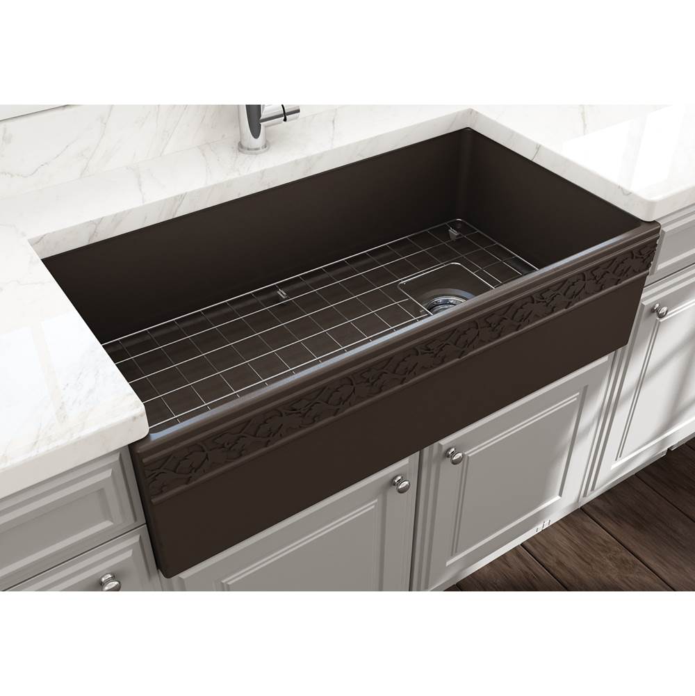 BOCCHI Vigneto Apron Front Fireclay 36 in. Single Bowl Kitchen Sink with Protective Bottom Grid and Strainer in Matte Brown