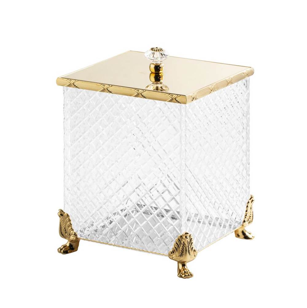 Cristal & Bronze Square Bin With Cover, On Lion Feet, 21X21X30.5cm. ''Diamant'' Cut Crystal