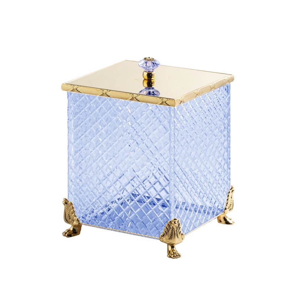 Cristal & Bronze Square Bin With Cover, On Lion Feet, 21X21X30.5cm, Blue Crystal, ''Diamant'' Cut