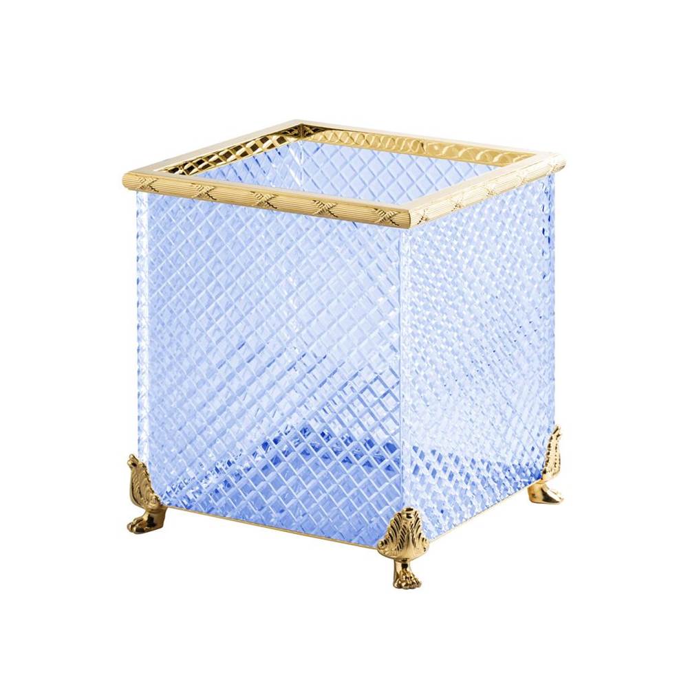 Cristal & Bronze Square Bin Without Cover, On Lion Feet, 26X26X30cm, Blue Crystal, ''Diamant'' Cut