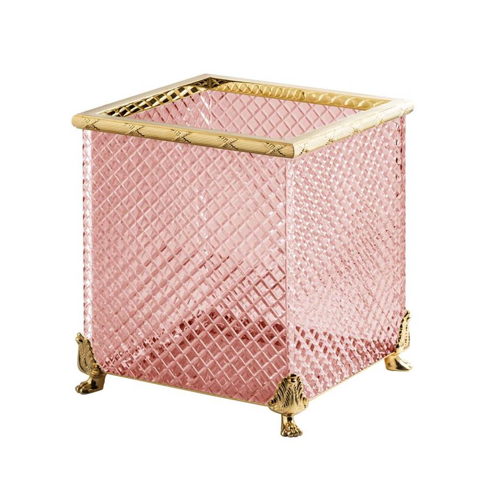 Cristal & Bronze Square Bin Without Cover, On Lion Feet, 26X26X30cm, Pink Crystal, ''Diamant'' Cut