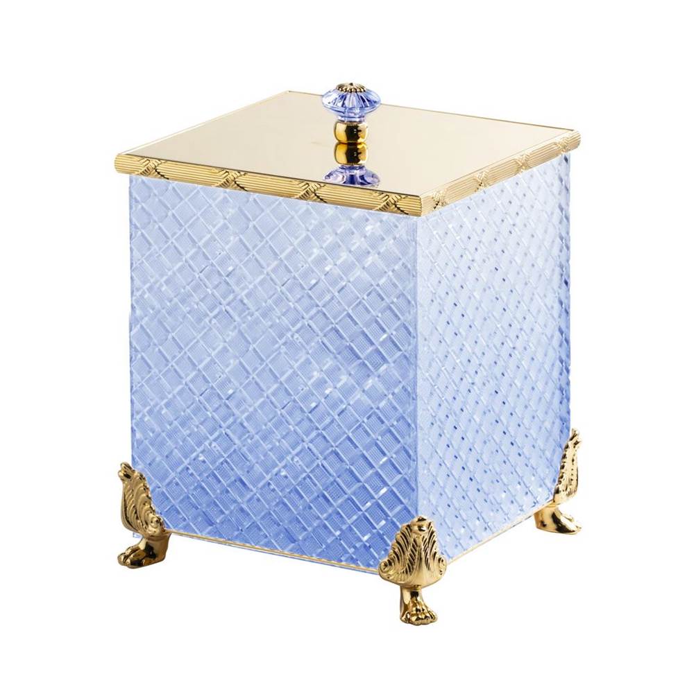 Cristal & Bronze Square Bin With Cover, On Lion Feet, 21X21X30.5cm, Blue Crystal, ''Losange'' Cut
