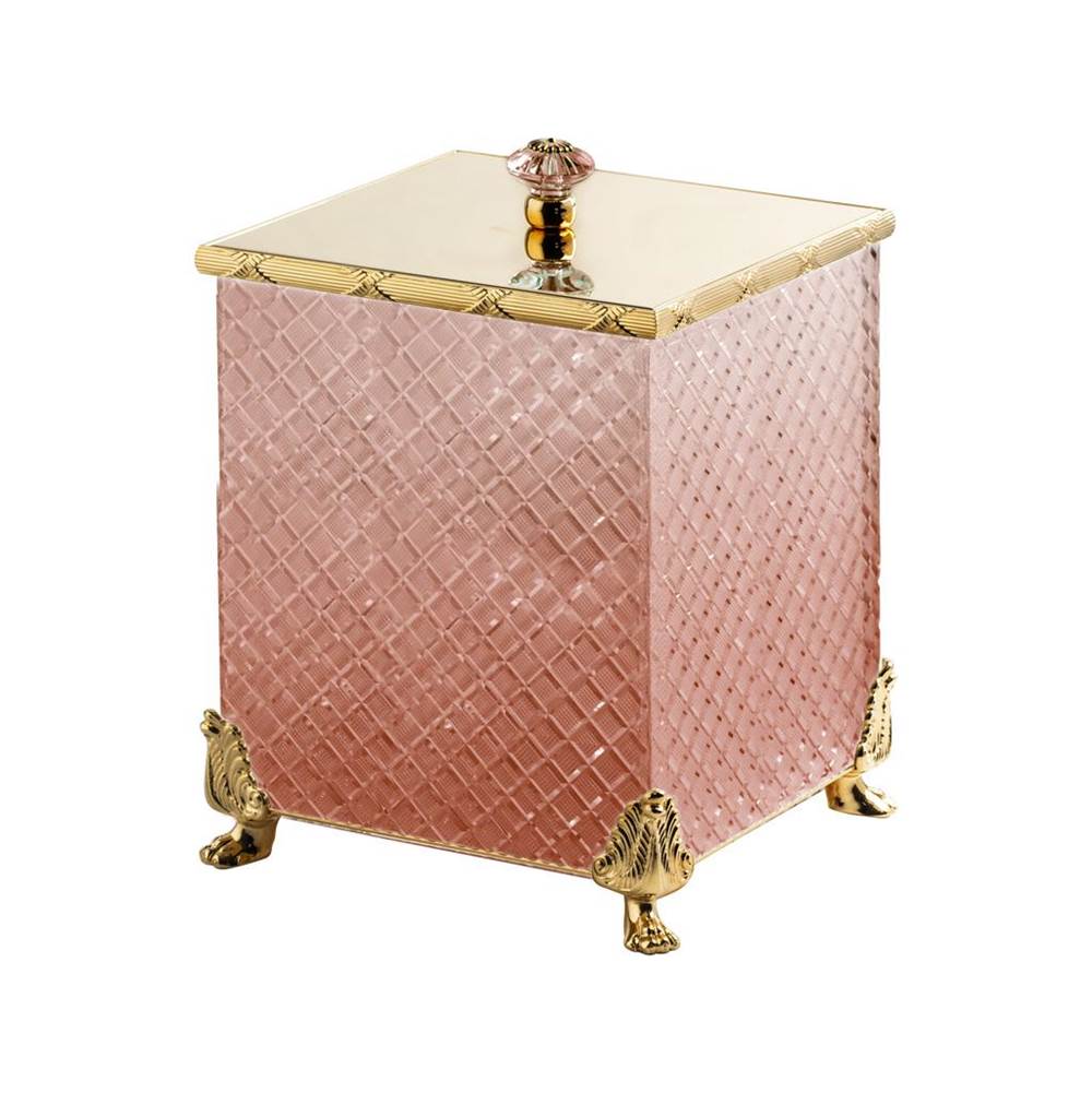 Cristal & Bronze Square Bin With Cover, On Lion Feet, 21X21X30.5cm, Pink Crystal, ''Losange'' Cut