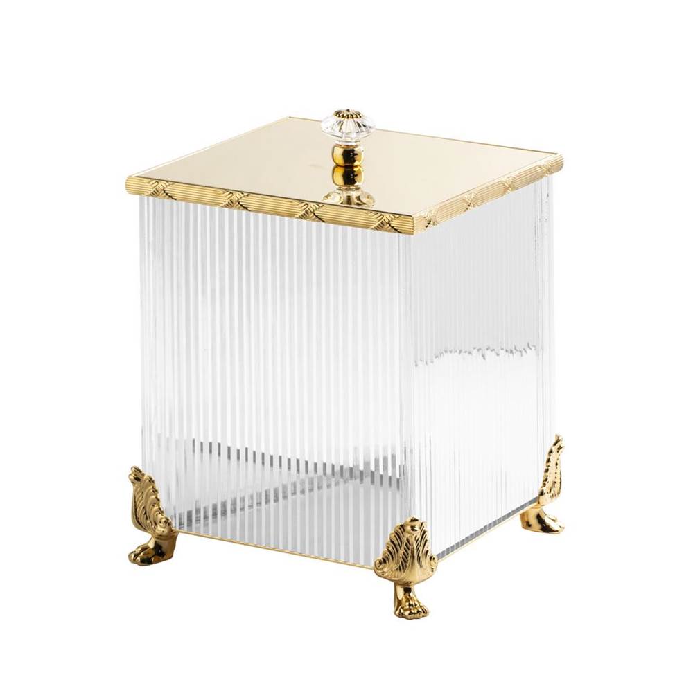 Cristal & Bronze Square Bin With Cover, On Lion Feet, 21X21X30.5cm. ''Cannele'' Cut Crystal