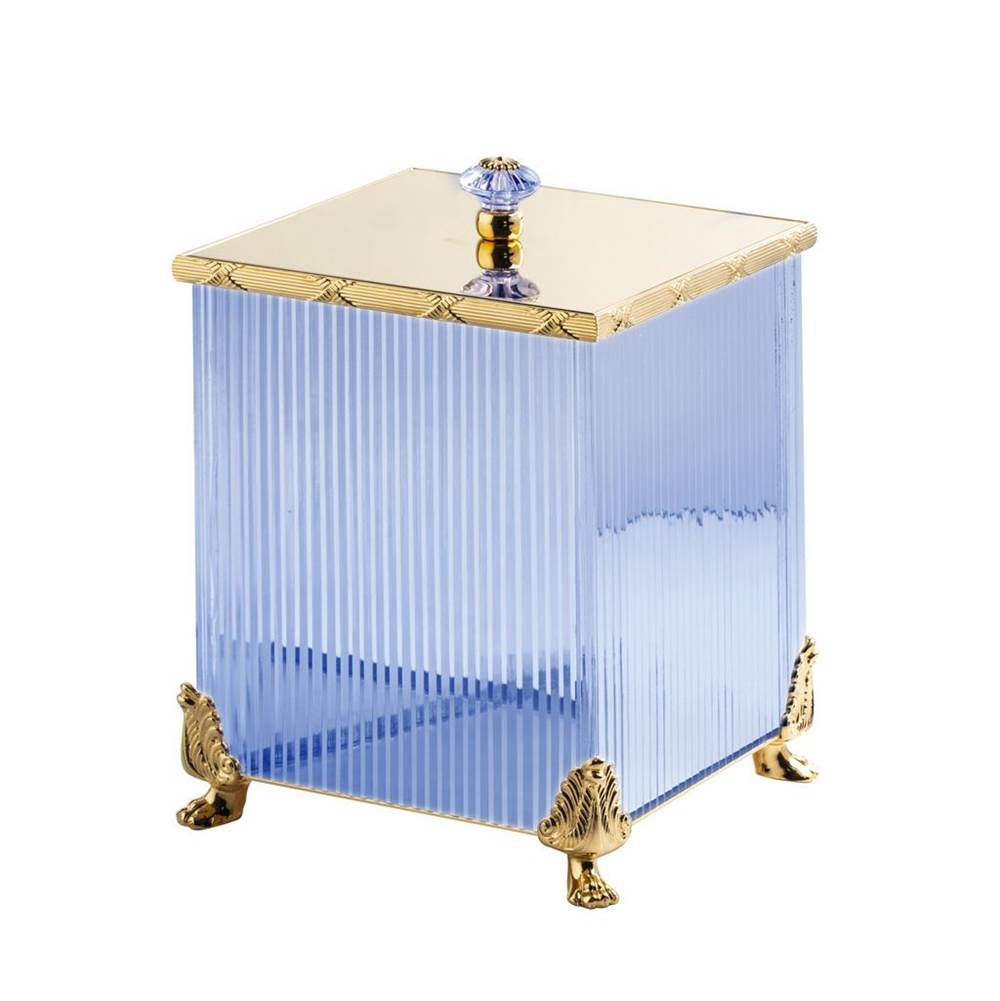 Cristal & Bronze Square Bin With Cover, On Lion Feet, 21X21X30.5cm, Blue Crystal, ''Cannele'' Cut