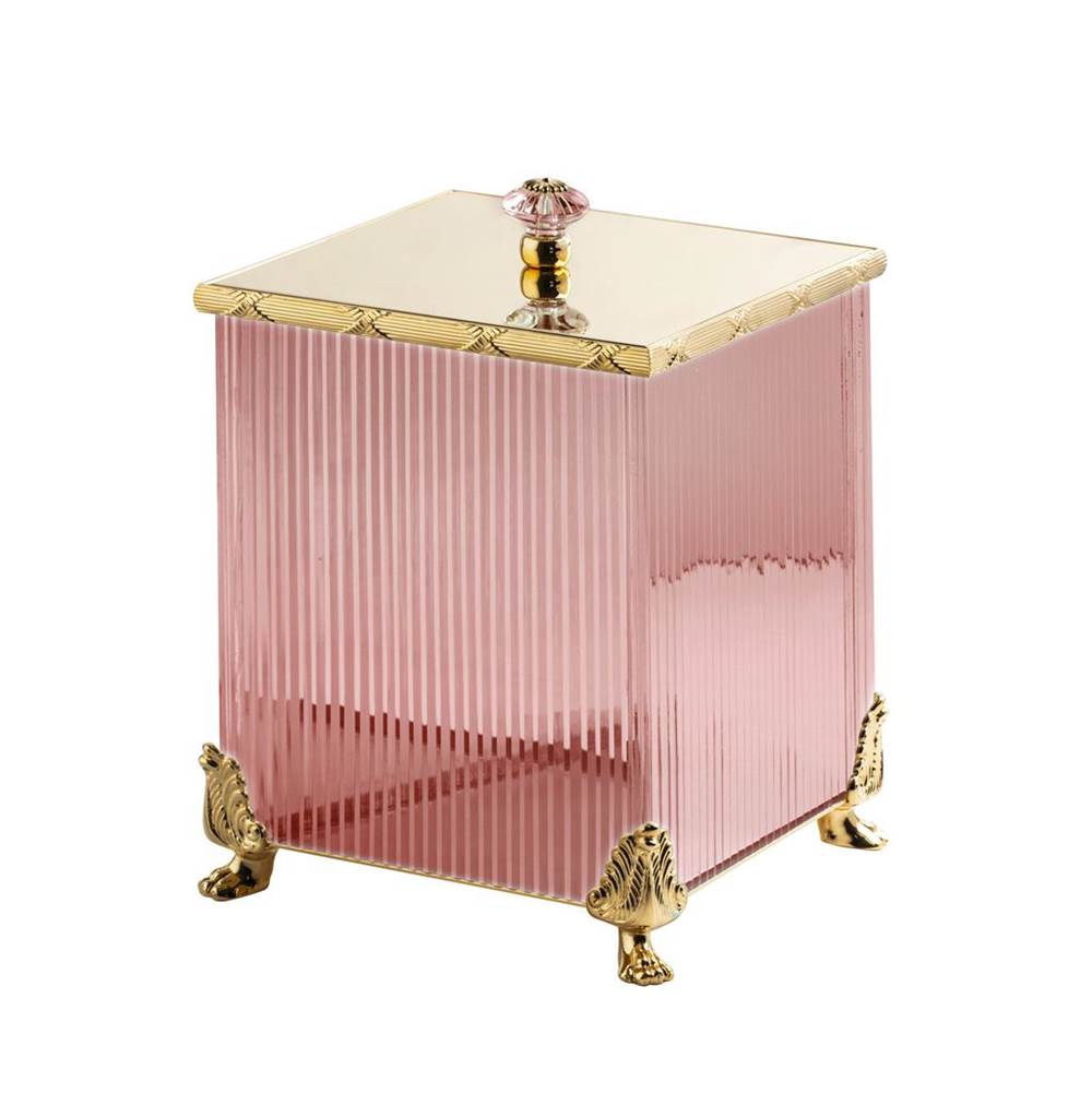 Cristal & Bronze Square Bin With Cover, On Lion Feet, 21X21X30.5cm, Pink Crystal, ''Cannele'' Cut
