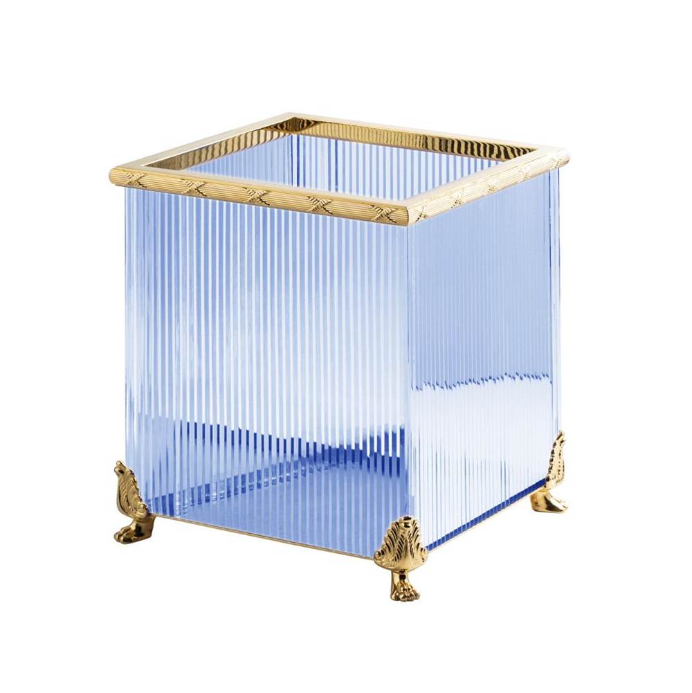 Cristal & Bronze Square Bin Without Cover, On Lion Feet, 26X26X30cm, Blue Crystal, ''Cannele'' Cut