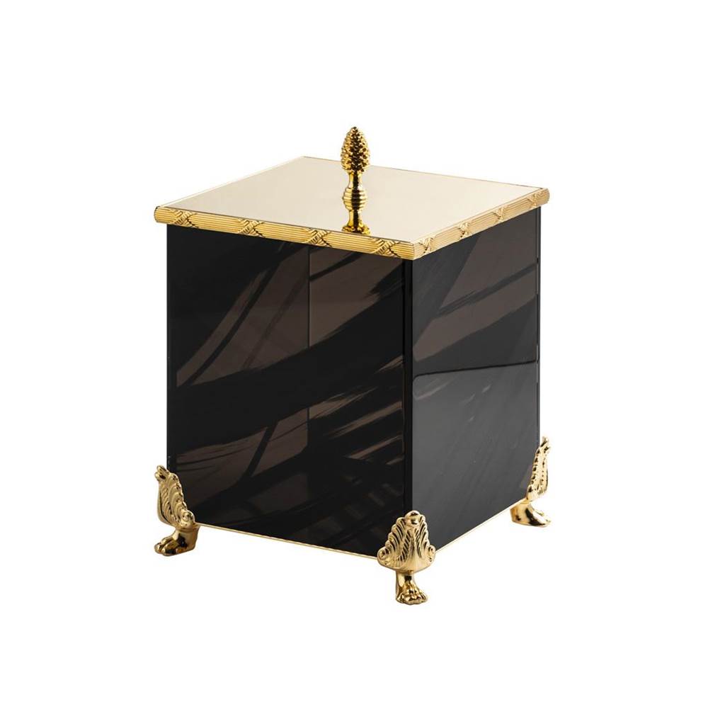Cristal & Bronze Square Bin With Cover, On Lion Feet, 21X21X30.5cm. Obsidian