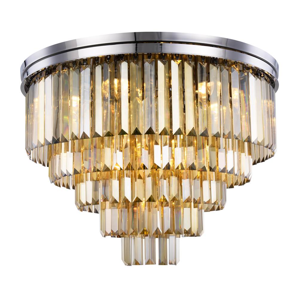 Elegant Lighting Sydney 17 Light Polished Nickel Flush Mount Golden Teak (Smoky) Royal Cut Crystal
