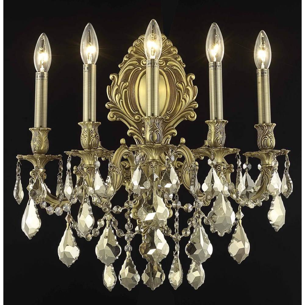 Elegant Lighting Monarch 5 Light French Gold Wall Sconce Golden Teak (Smoky) Royal Cut Crystal