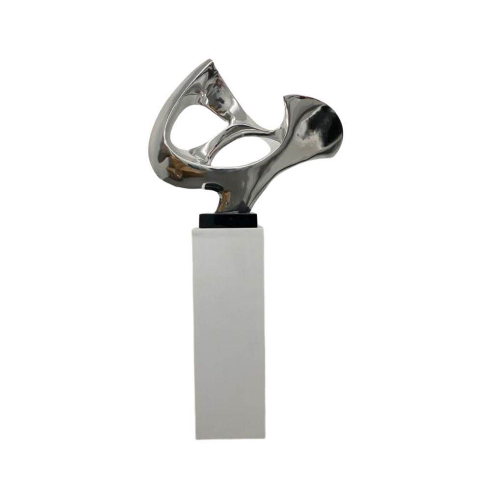 Finesse Decor Chrome Abstract Mask Floor Sculpture With White Stand, 54'' Tall