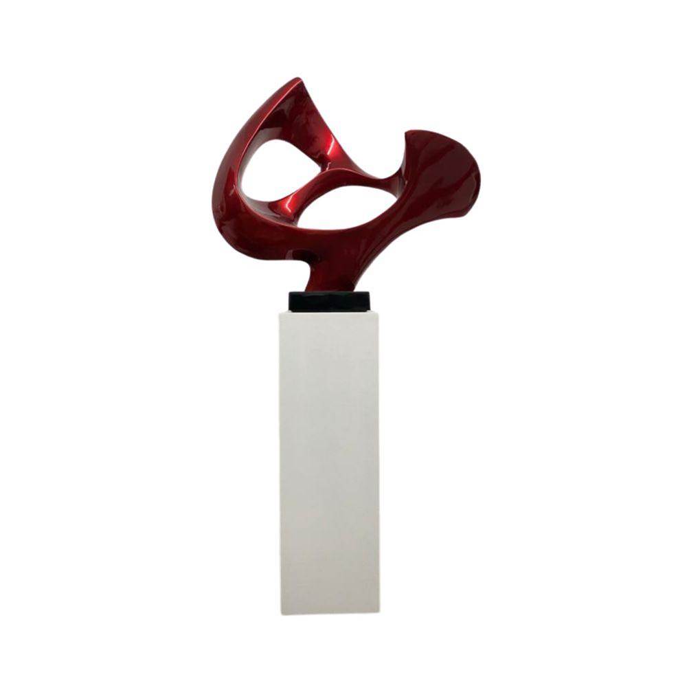 Finesse Decor Metallic Red Abstract Mask Floor Sculpture With White Stand, 54'' Tall